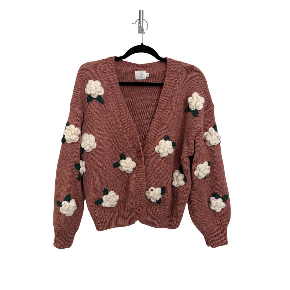 Luna Ivy Cardigan Womens XS Floral Sweater Pink Kit Appliqué Balloon Sleeve